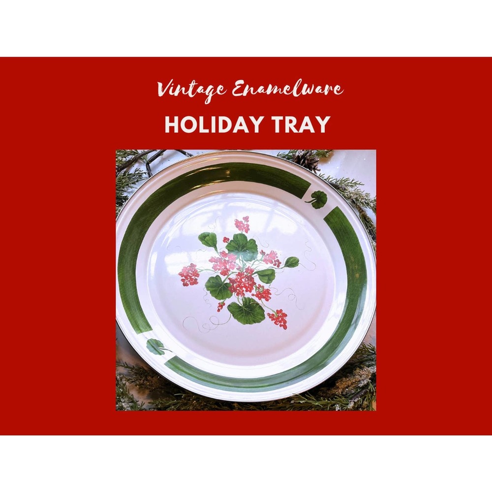 Golden Rabbit II 15.75" Enamel Serving Tray Red White Green Geranium Platter